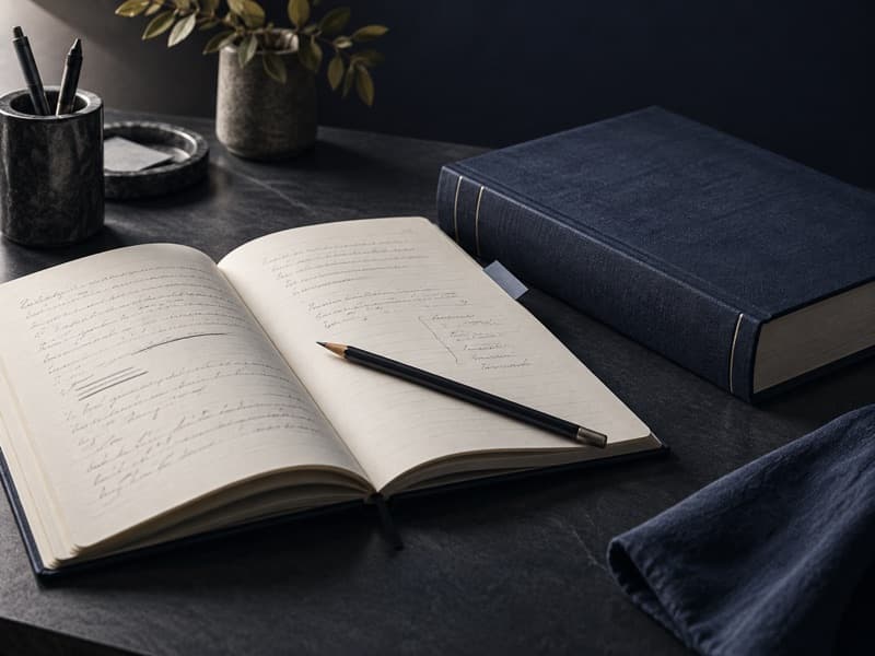 Composição editorial de um caderno de estudo, livro e lápis