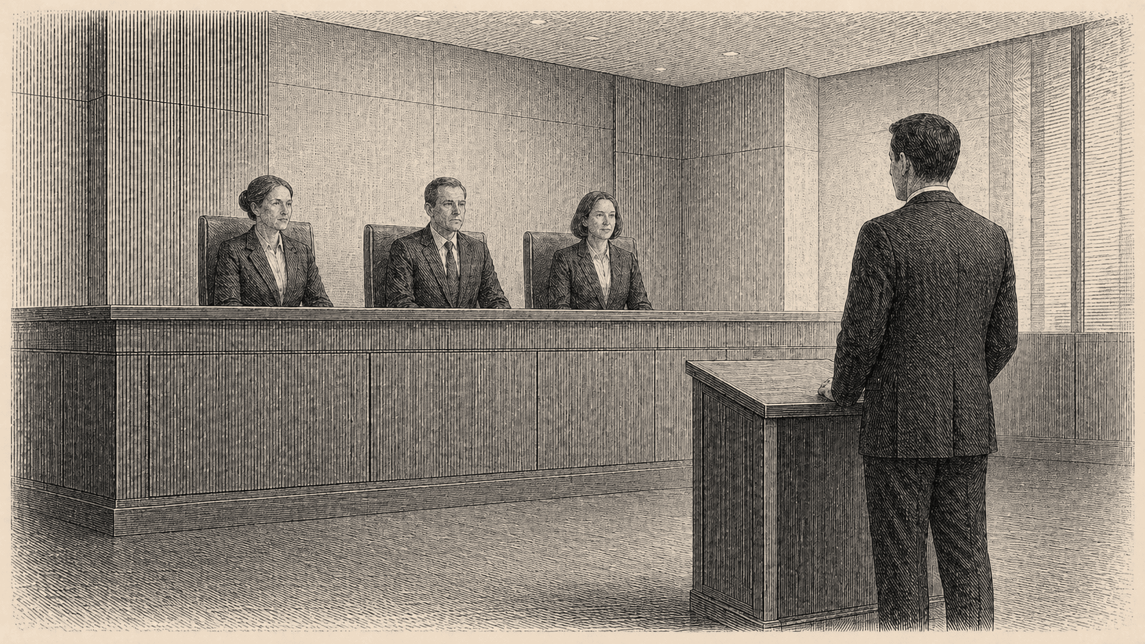 Ilustração editorial em estilo gravura: candidato em tribuna diante de banca examinadora de três membros, em sala de audiência iluminada