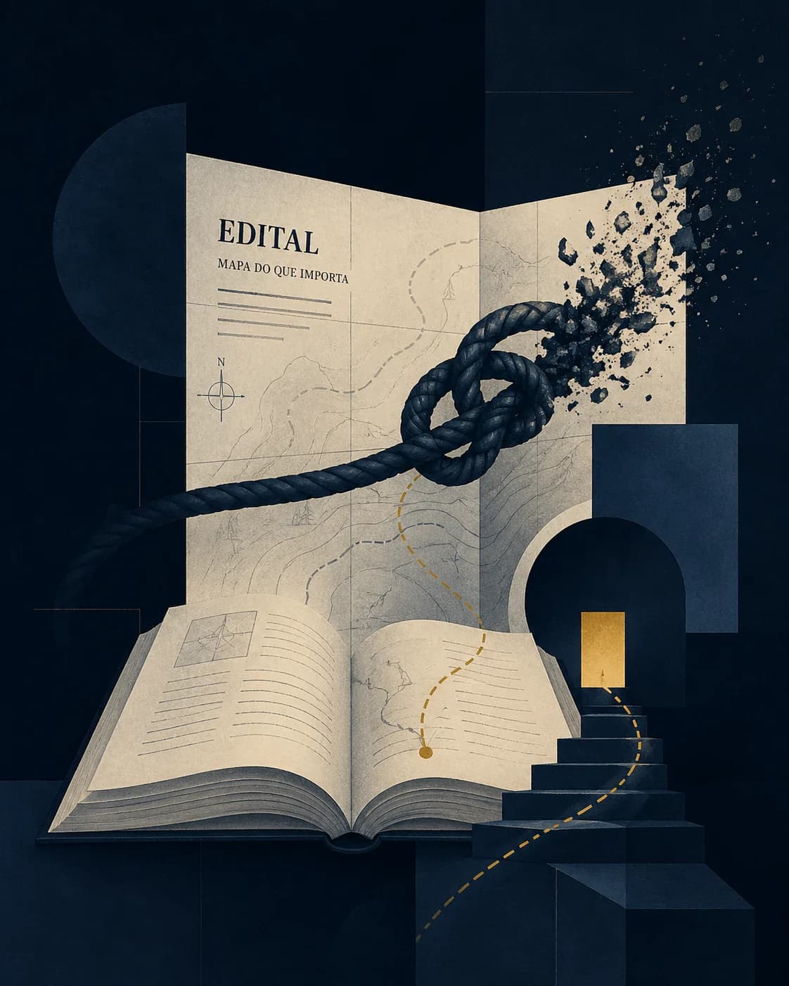 Ilustração editorial: livro de estudo aberto sob um edital marcado como mapa topográfico, com nó dissolvendo no ar e arco iluminado ao fundo